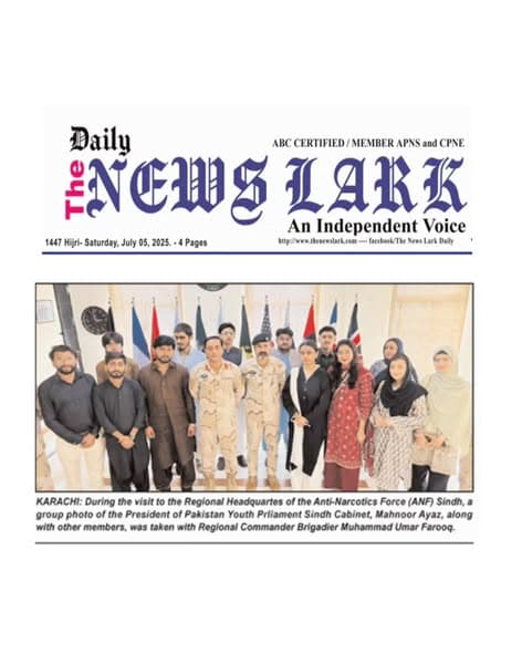 Print Media Coverage: Pakistan Youth Parliament Delegation Visits Anti-Narcotics Force Sindh Directorate